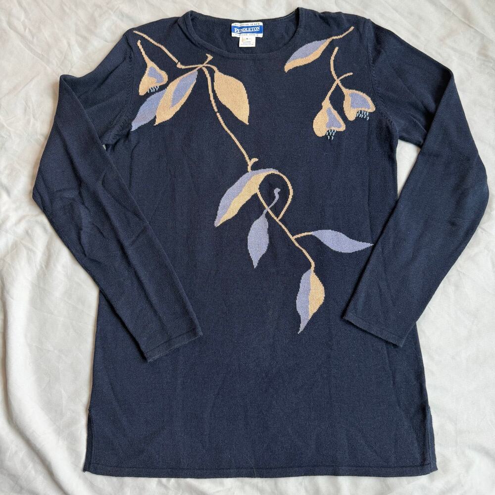 Vintage Pendleton Small Navy Floral Knit Sweater Long Sleeve Cotton Blend
